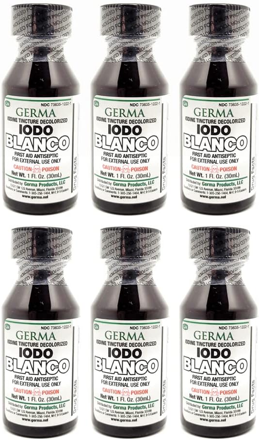 Germa Hvit Iodine Tinktur. Førstehjelpsantiseptisk. for mindre Scrapes, Cuts, Bruises og Burns. Forhindrer hudinfeksjon. 1 oz. Pakke med 6