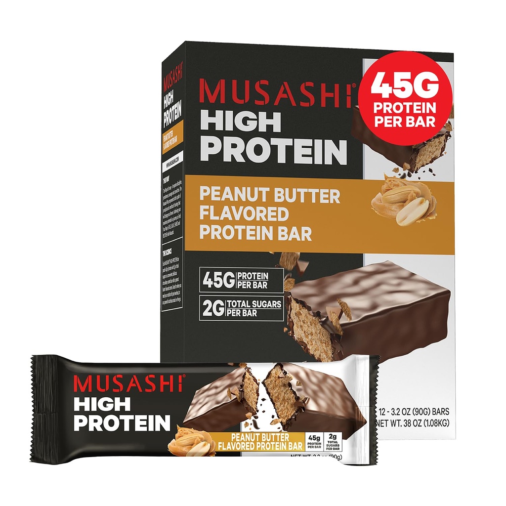 MUSASHI proteina-barra, 45g Protein, 2g azukre guztira, Peanut Butter & Milk Chocolate Coated, Post Workout eta Protein Snack On The Go, 12 Pack of 3.2oz (90g) Bars