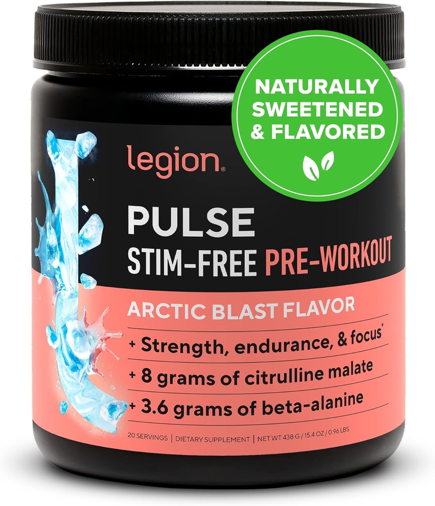 LEGION Pulse Pre Workout תוסף - All Natural Nitric Oxide Preworkout Drink to Boost Energy, Creatine Free, Sweetened, Alan Betaine, Citrulline, Alpha GPC (Caffeine Free Arctic Blast)
