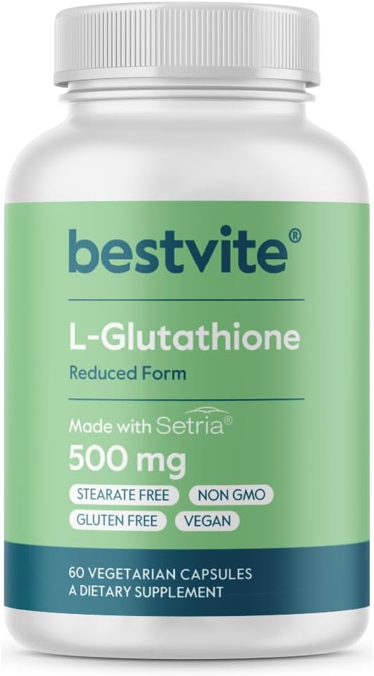 BESTVITE L- Glutathione 500mg w Setria (60 Veggie caps) - No Stearates - Vegan - Gluten Free - Non GMO