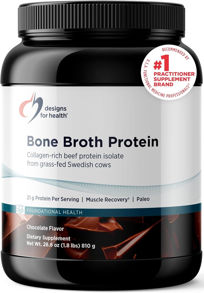 Designs for Health Bone Broth Protein Powder - 21g Grass- Fed, Collagen- Rich Beef Protein Isolate - Chocolate, Paleo, Non-GMO, Dairy-Free (30 Servings / 810g)