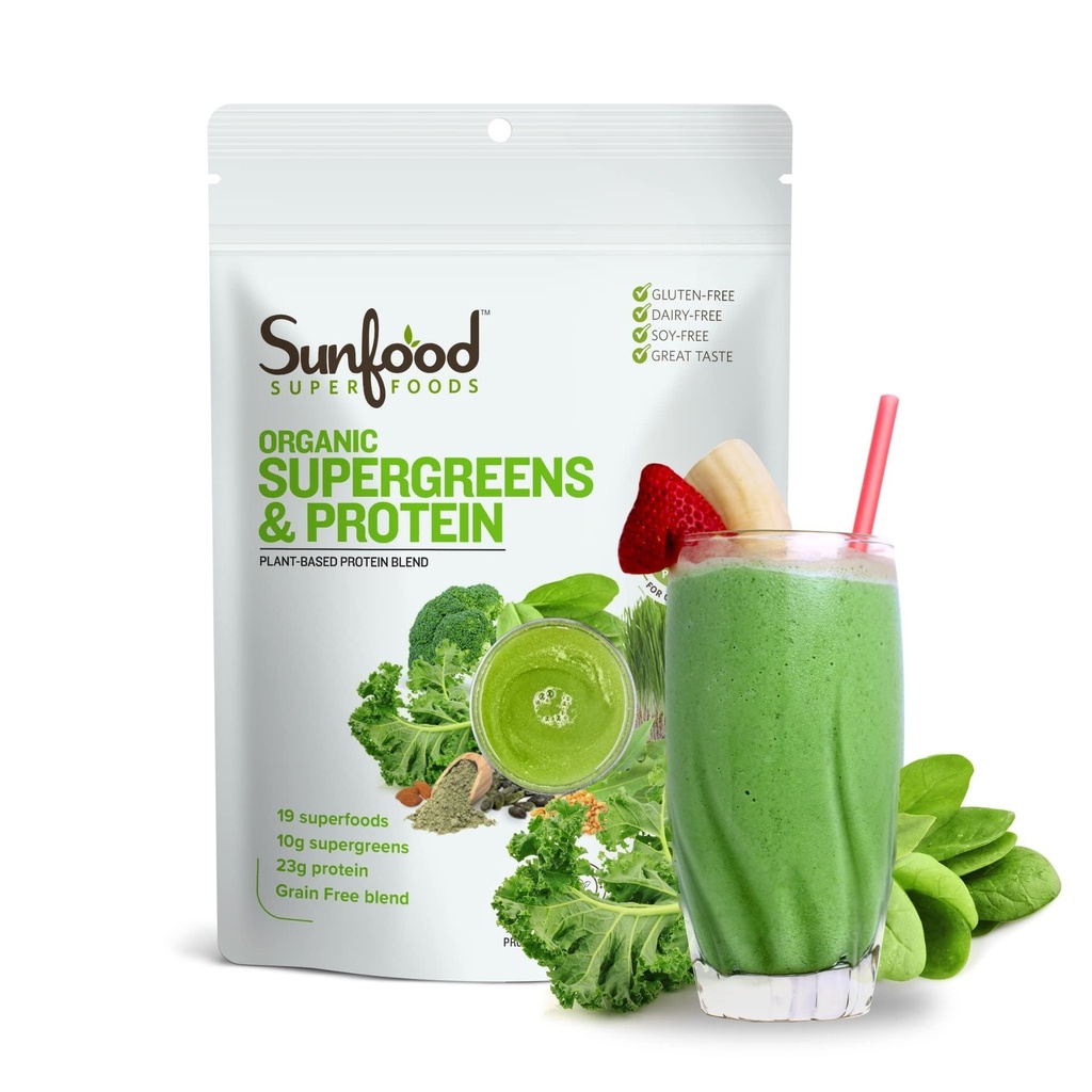 Sunfood Superfoods Organic Supergreens & Protein Powder - Superfood Greens Blend Powder, Super Greens with Chlorella & Spirulina, 23g Protein & 5g Fiber Per Serving, Mix into Drinks - 8 oz