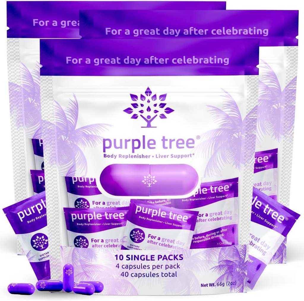 Purple Tree Post- Celebration Wellness Bendrijoje 124; kepenų parama, hidratacija ir replenisher ® 124; Dihydrmyricetin DHM, Milk Thistle, Electrolytes, Vitaminai ® 124; Bachelorette & Bachelor Party Kits, 30 Paketų (120 tablečių)