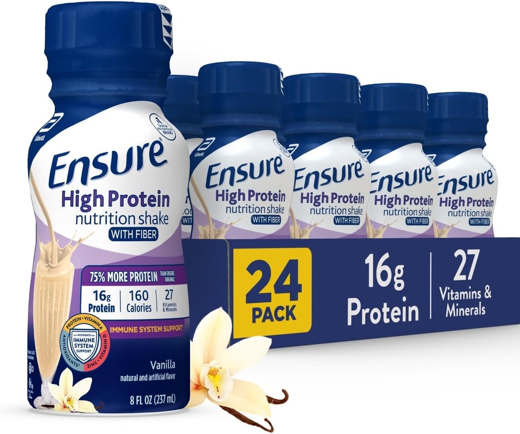 Ziurtatu Proteina handiko Vanilla Elikadura Shake zuntzarekin, edateko prest, 16g Protein eta 27 bitamina eta mineral, 8 fl oz, 24 Pack