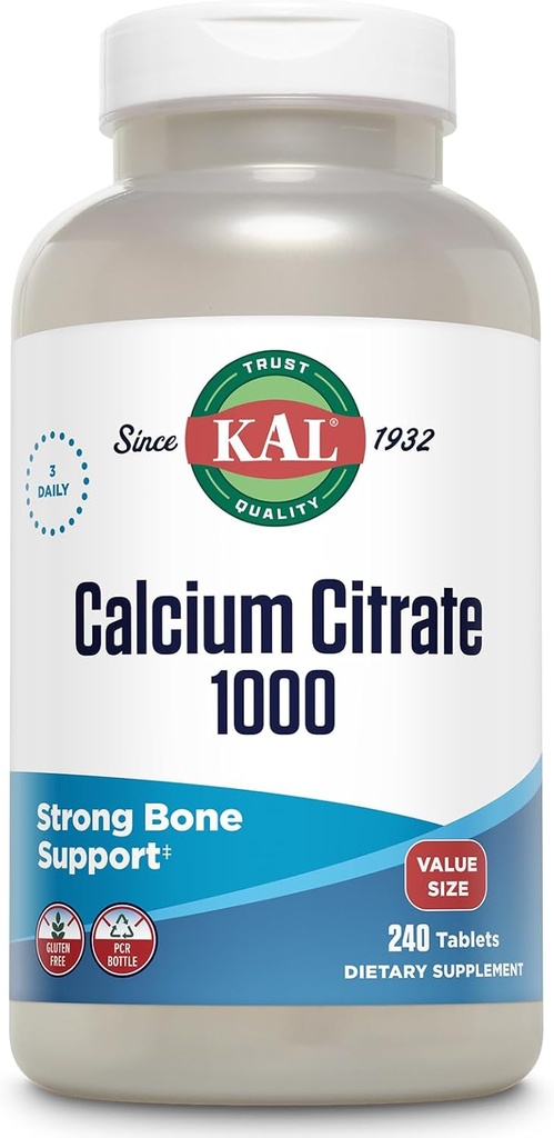 KAL Calcium Citrate 1000mg, Calcium Kosttilskud til kvinder og mænd, Knoglehelbred, tænder, Nervøse, Muskulært & Kardiovaskulært System Support, Gluten Free and Lab Verified, 80 Servere, 240 tabletter