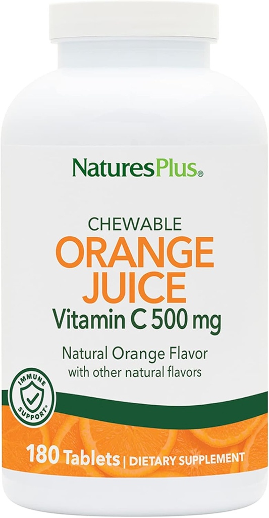 NaturesPlus Orange Juice Chewable vitamīns C - 500 mg, 180 tabletes - High potencial Imūnās atbalsta papildinājums, Antioksidants - Maiga uz kuņģa - Veģetārs, bez lipekļa - 180 Kalpo