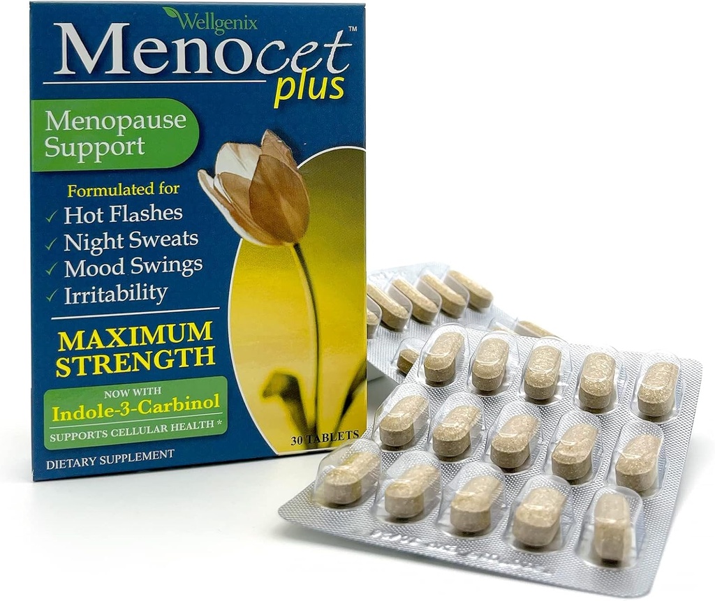 Wellgenix Menocet Plus Menopause Support - Natural Supplement for Women - Daily Relief Feminine Care - Hot Flashes, Night Sweats, Mood Swings & Irritability - 30 Tabletler - Kadınlar için Doğal Supplement - Daily Relief Feminine Care - Helps with Hot Flashes, Night Sweats, Mood Swings & Irritability - 30 Tabletler