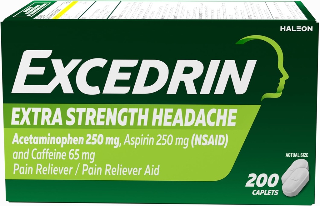 Baş ağrısı üçün Excedrin Extra Strength Ağrı Yardım Caplets, Acetaminophen 250mg, aspirin 250mg, Caffeine 65mg, Ağrı Reliever, 200 Count