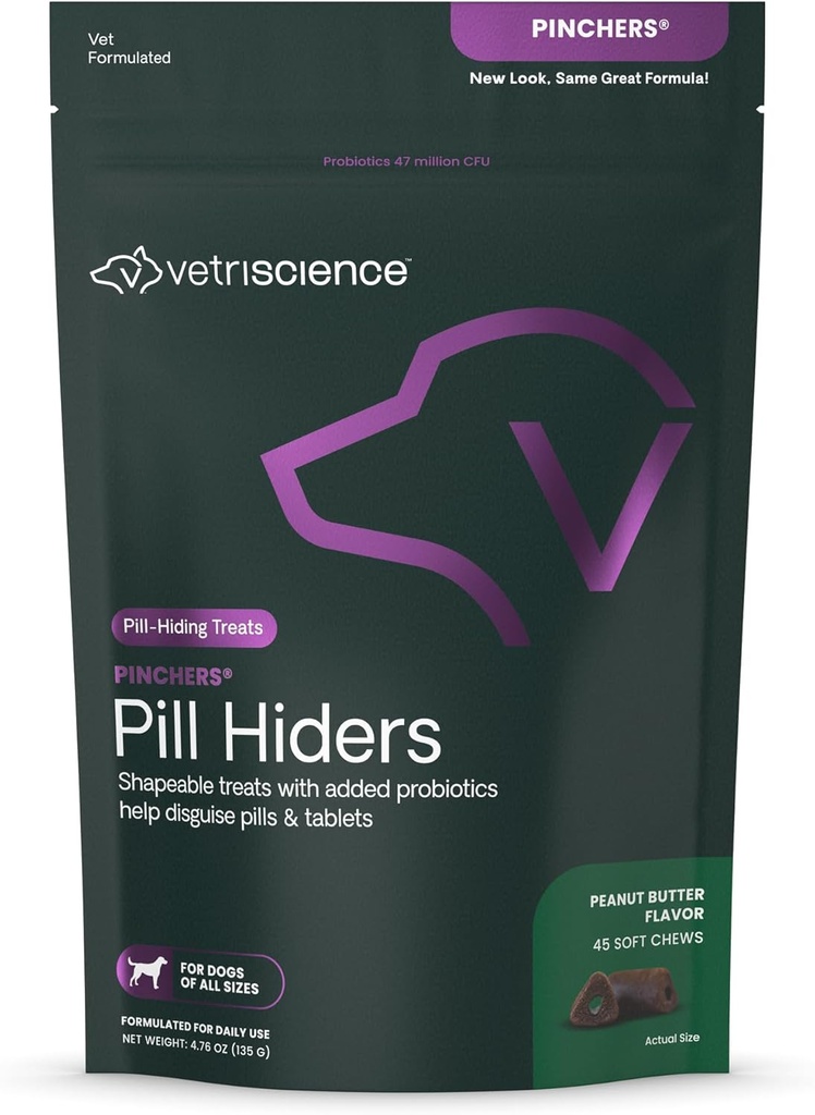 VETRISCIENCE Pinchers Pilulele Hiders Chews, Non-Greasy Pilula Wrap cu Probiotice pentru câini, Deghiza pastile mici, Capsule și tablete, Soft și Chewy, Gut și suport imunitar, Unt de arahide, 45 Conte