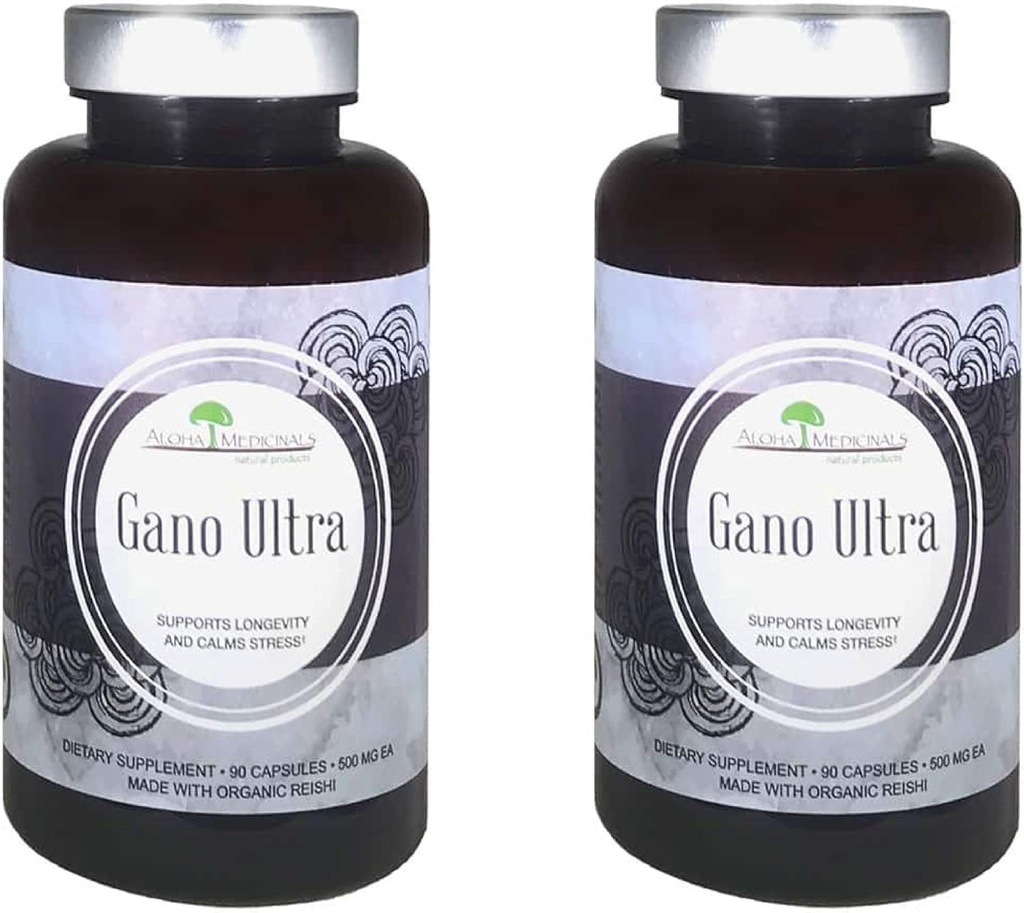 Aloha Medicinals Gano Ultra, Certified Organic Mushroom Supplement, Natural Health Supplement, Packung mit 2, 90 Kapseln