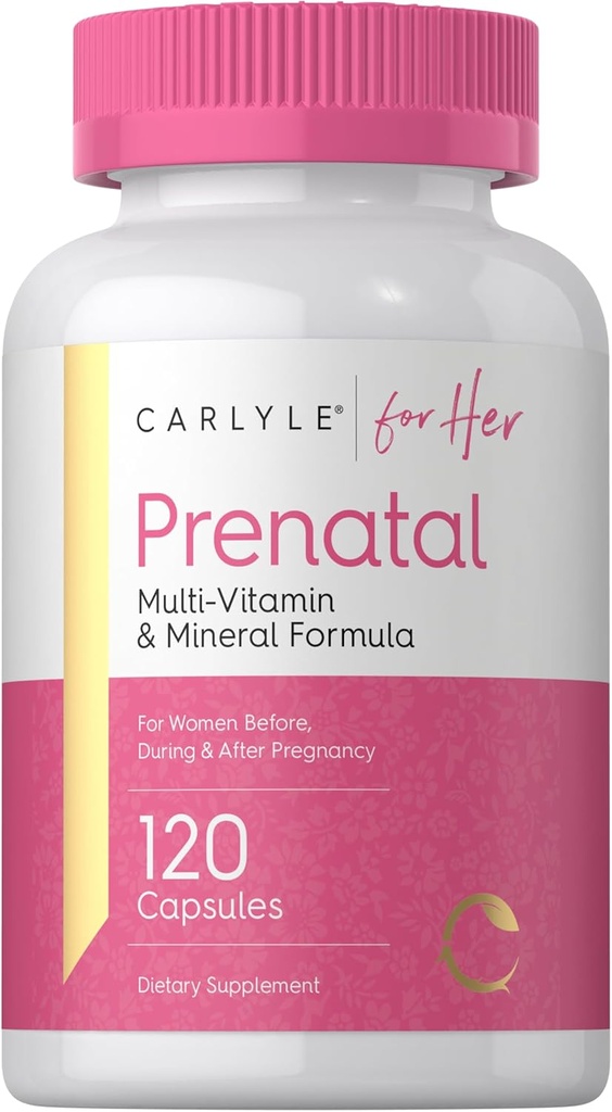 Carlyle Prenatal Vitamins for Women TEN 120 Capsules ← Fórmula Multivitamina y Mineral con ácido fólico TENIDO NO GMO y Gluten Suplemento gratuito TEN para Her