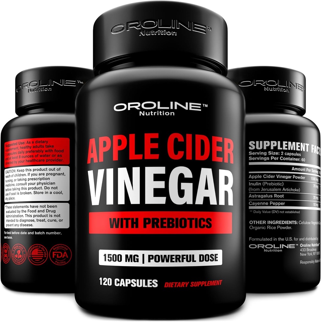 Apple Cider Vinegar Pills with Prebiotic, 2 Month Supply - Apple Cider Vinegar Capsules - Apple Cider Vinegar supplements, Apple Vinegar Tablets - Energy and Gut Health Support for Women &apos; Men 1500 mg