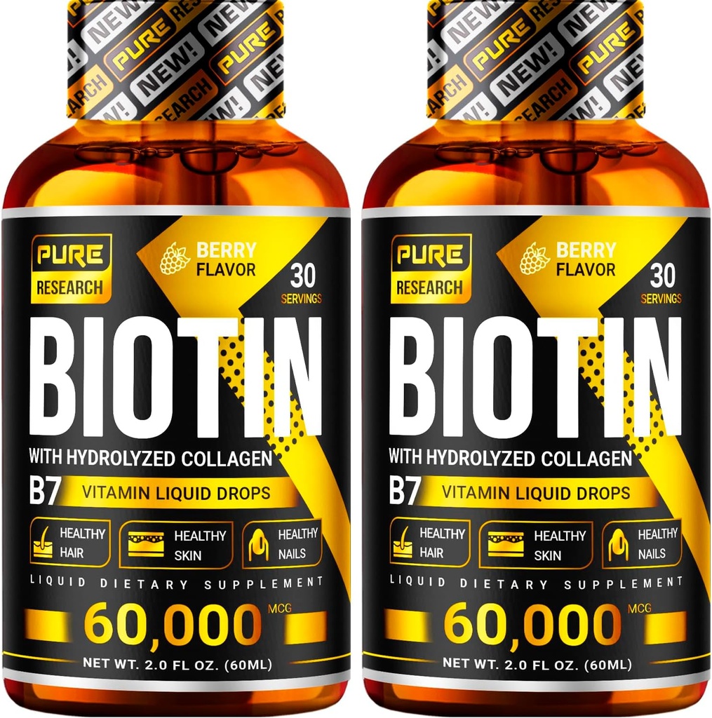 PURE RESEARCH Biotina &amp; Collagen 60,000mcg Crecimiento del cabello gotas líquidas, soporta: uñas fuertes, piel de alumbramiento, crecimiento saludable del cabello, más absorción que cápsulas " píldoras (4Fl Oz)