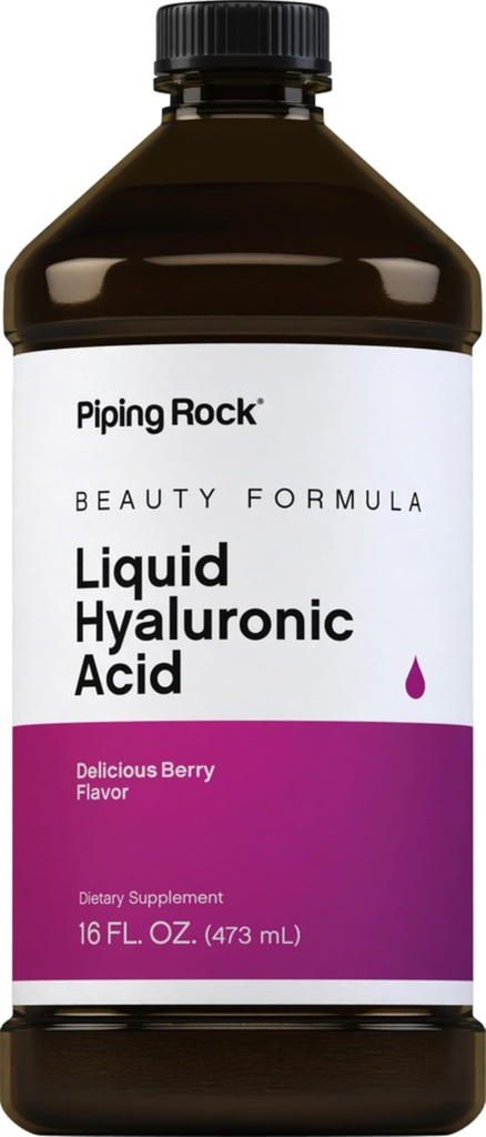 Piping Rock Liquid Hyaluronic Acid Supplement | 100mg | 16 fl oz | Natural Berry Flavor | Vegetarian Formula | Non-GMO, Gluten Free