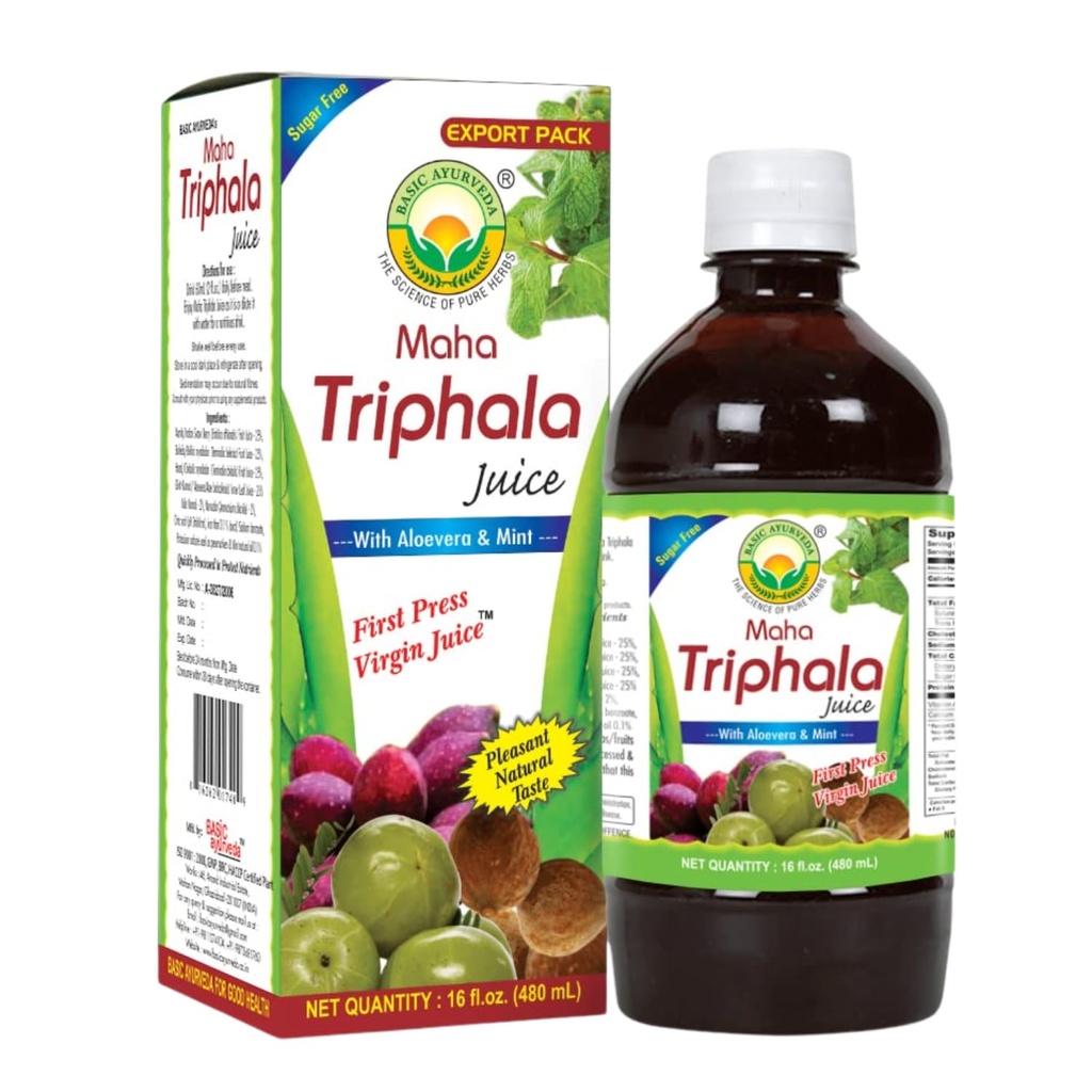 Basic Ayurveda Maha Triphala Juice with Aloe Vera & Mint – 16 Fl Oz (480ml) Silencio Natural Herbal Bebida Silencio Primera Prensa Virgin Juice ← No Añadido Sugar ← Ideal para uso diario &amp; limpieza