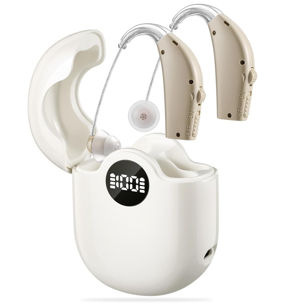 Upgrade Rechargeable Hearing Aid with Noise Canceling & Volume Control - Hearing Amplifiers for Seniors & Adults - Charging Case with LED Display