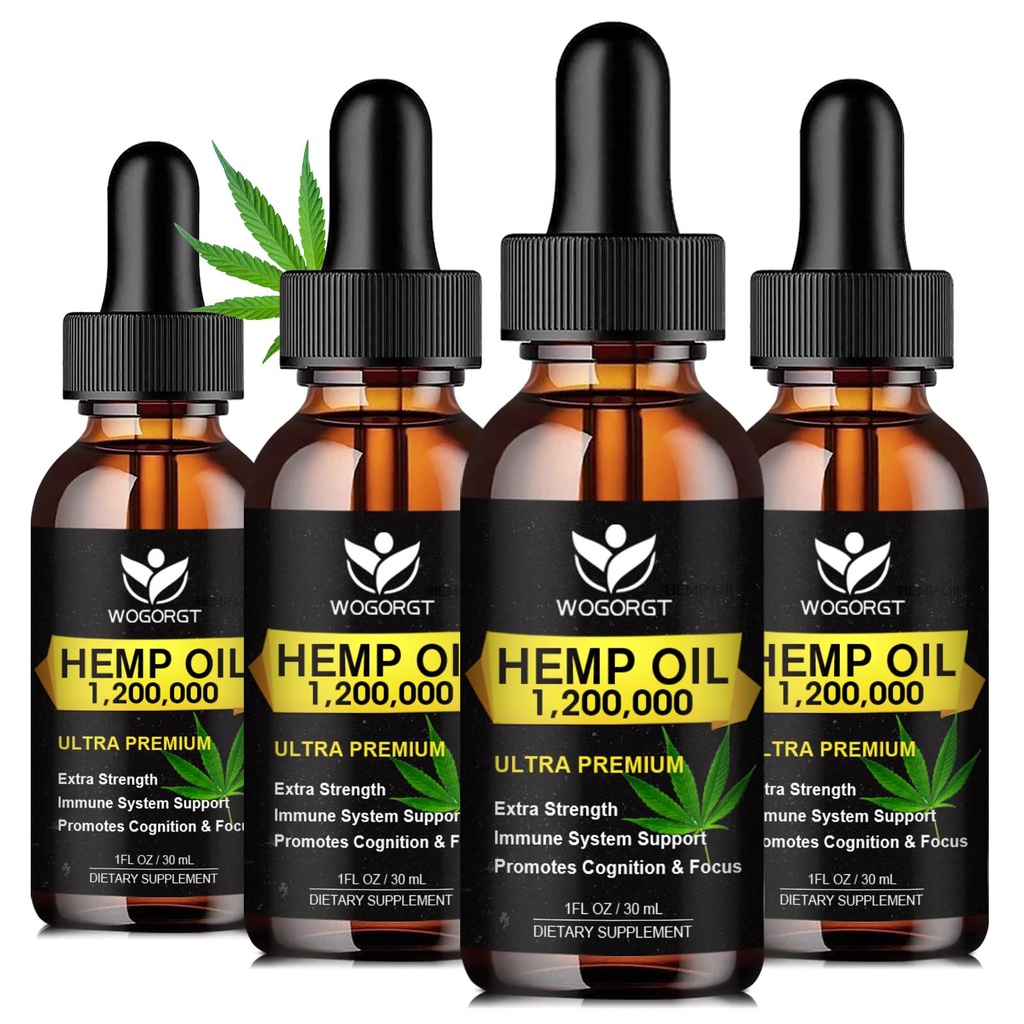 WOGORGT - Hemp Oil Drops, 100% Natural Hemp Oil Extract, 1 Fl Oz (4 Pack) | Hemp Oil Drops, Focus Calm, Relaxation, Mood, Rich in Omega 3, 6, 9 Fatty Acids, Sugar Free, Vegan
