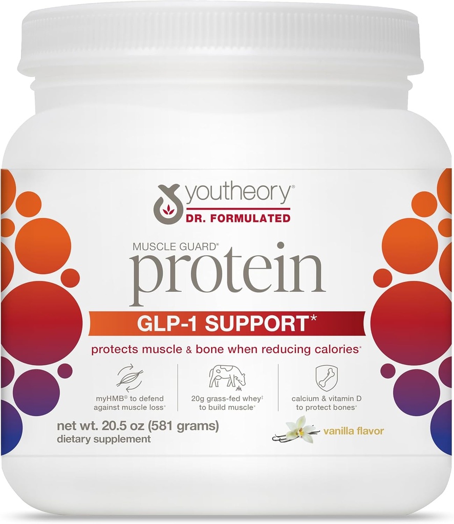 Youtheory Muscle Guard Protein GLP-1 Support - Whey Protein Powder Supplement - för GLP-1-användare - Stöder Muscle & Bone - med myHMB, Calcium & Vitamin D - 20,5 oz Powder