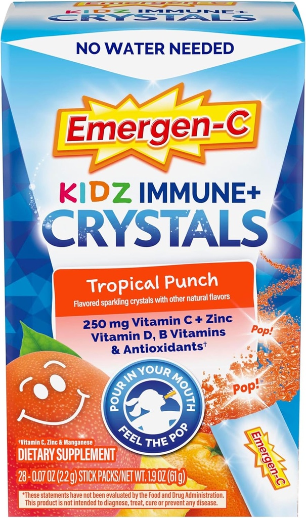 Emergen-C Kidz Imune Plus Cristale, On-The-Go Imunum Supplement with Vitamina C, Vitamina D, B Vitamine, Zinc si Mangan, Tropical Punch, Back to School Essentials - 28 Stick Packs