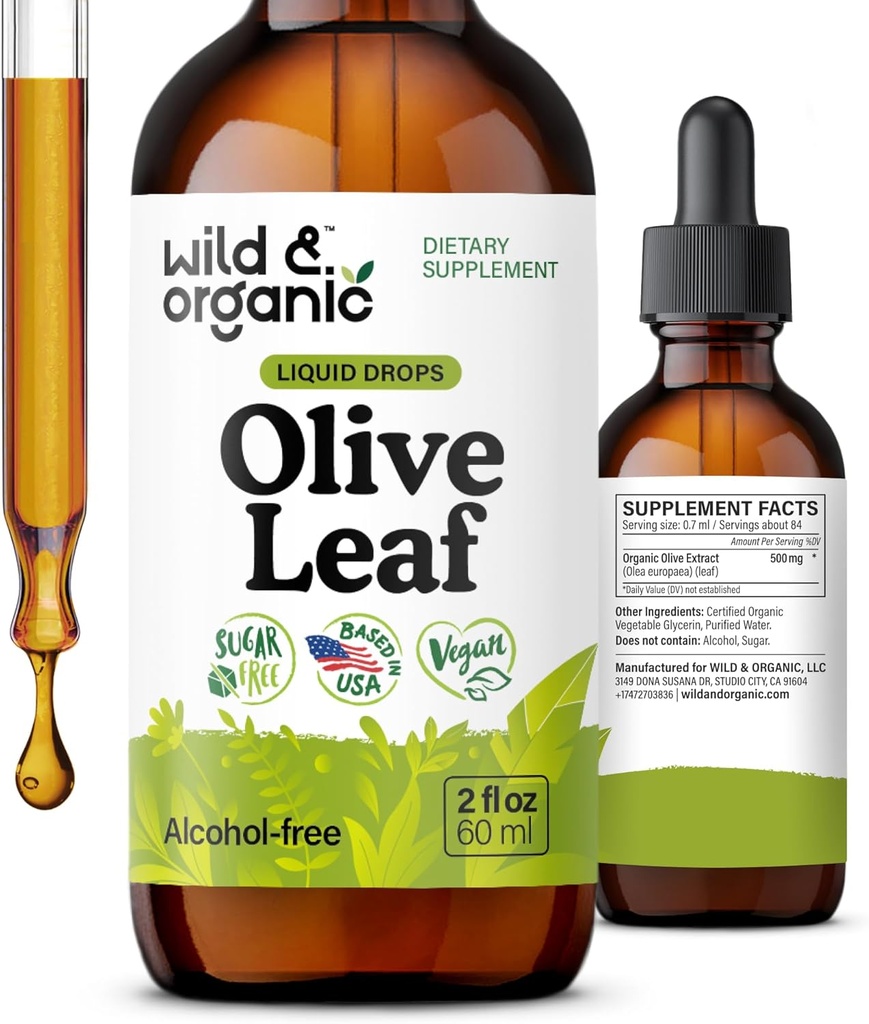 Wild & Organic Leaf Extracts - Antioxidant & Immune Support - Oleuropein Olive Leaf תוספת - טבעוני, סוכר ואלכוהול חינם טיפות - 2 oz