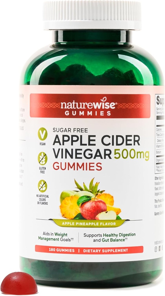 NatureWise Apple Cider Vinegar ACV Gummies - 1000 мг ACV на 2, Sugar Free, Vegan - Energy & Gut Health - ACV Gummies W/Vitamin B12-180 Gummies [3-месячный запас на 1000 мг / 6-месячный запас на 500 мг]