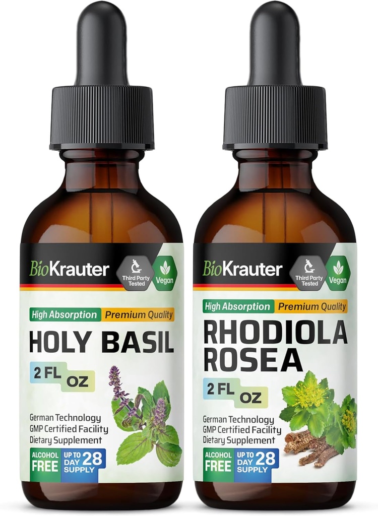 BIO KRAUTER Holy Basil Tincture 2 Fl. Oz eta Rhodiola Rosea Tincture 2 Fl. Oz.