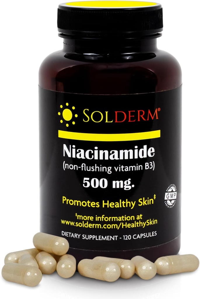 Niacinamide Non-Flushing Vitamin B3 Suplemento | Vegetariano e Gluten-Free Vitamin Niacinamide Tablets with Vegetable Cellulose Casings | promove a pel sa | 120 cápsulas | 500mg