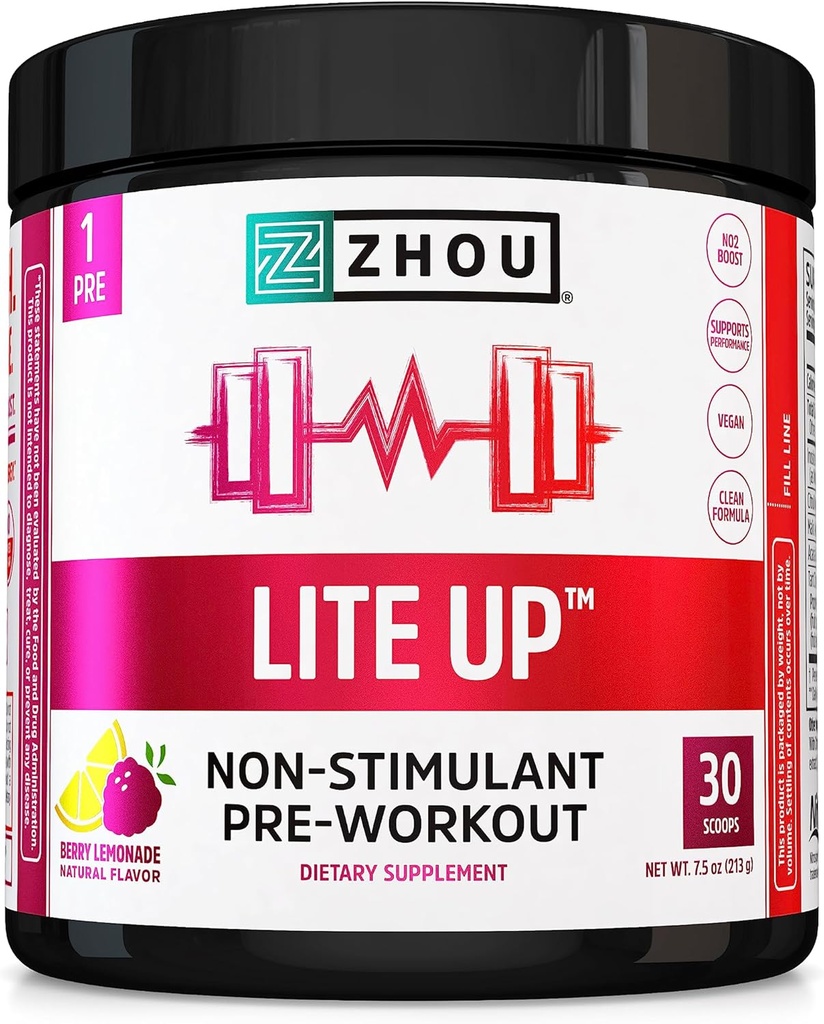 Zhou Lite Up - Pulsuz Stim Toz, Nitric oksid Stim Men & Qadınlar üçün Pulsuz, Caffeine Free Boost, Clean Formula - Berry Limonade Flavor, 7.5 oz Jar (30 Scoops)