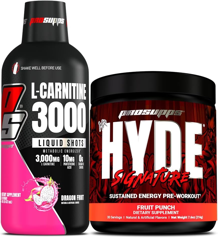 PROSUPSPS L- karnitin 3000 Stimulant Free Liquid Shots (Sárkánygyümölcs) és Mr. Hyde Aláírás sorozat Pre- Edzés Energy Powdered Drink (Gyümölcs Punch) Bundle