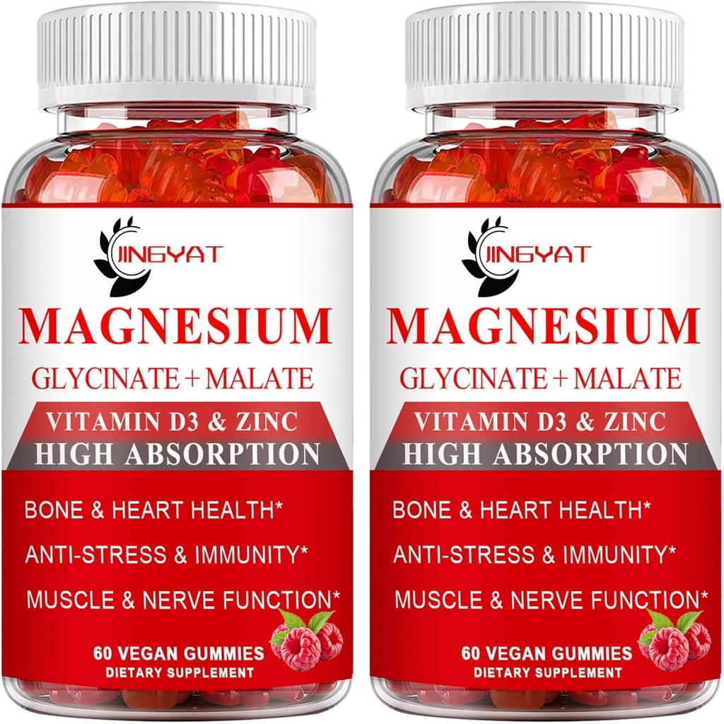 (2 pakkaus) Cortisol Supplement Magnesium Gummies 1000 mg miesten ja naisten, magnesium Complex Supplement w/Glycinate 500 mg, malaatti 500 mg, vitamiinit D3, Sinkki - Vegan & Natural