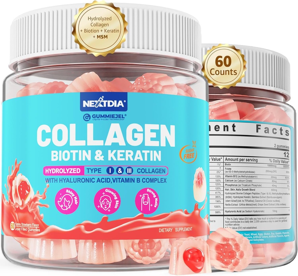 Multi Collagen täytetyt Gummies naisten sokeriton Biotiini 10000 mcg, Multivitamiini hiukset iho ja kynnet vitamiinit hiusten kasvua, hydrolysoitu kollageeni Peptide Keratin Hyaluronic Acid B-vitamiini
