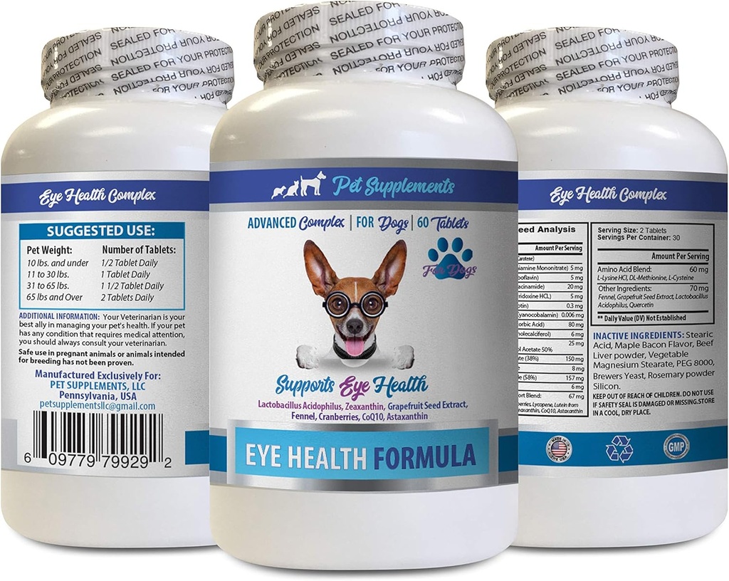Vitaminas Oculares Cães - Fórmula Saúde Ocular Cães - Complexo de Suporte Ocular Avançado - VETS Recomendado - Lutein Dog - 1 garrafa (60 comprimidos)