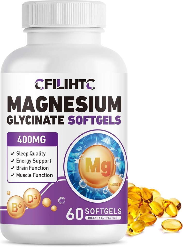 Magnesium Glycinate 400 mg Softgels - suuri imeytyminen Magnesium Glycinate täydennysosa aikuisille & lapsille B6-vitamiinia ja D3-vitamiinia - Tuki uni, mieliala, aivot, hermostuneisuus, lihasten ja luun terveys - 60 Softgels