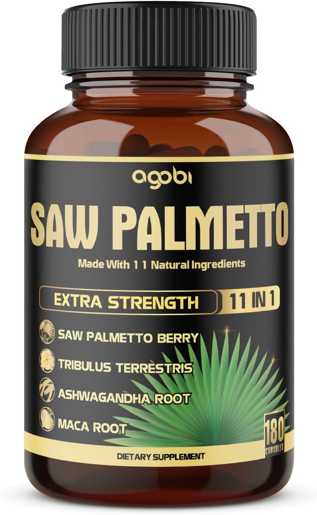 11in1 Saw Palmetto Capsules with Ashwagandha, Turmeric, Tribulus, Maca, Green Tea, Ginger, Holy Basil &amp; More - Healthy Prostate &amp; Hair Support - 180 Count 6-Month Supply