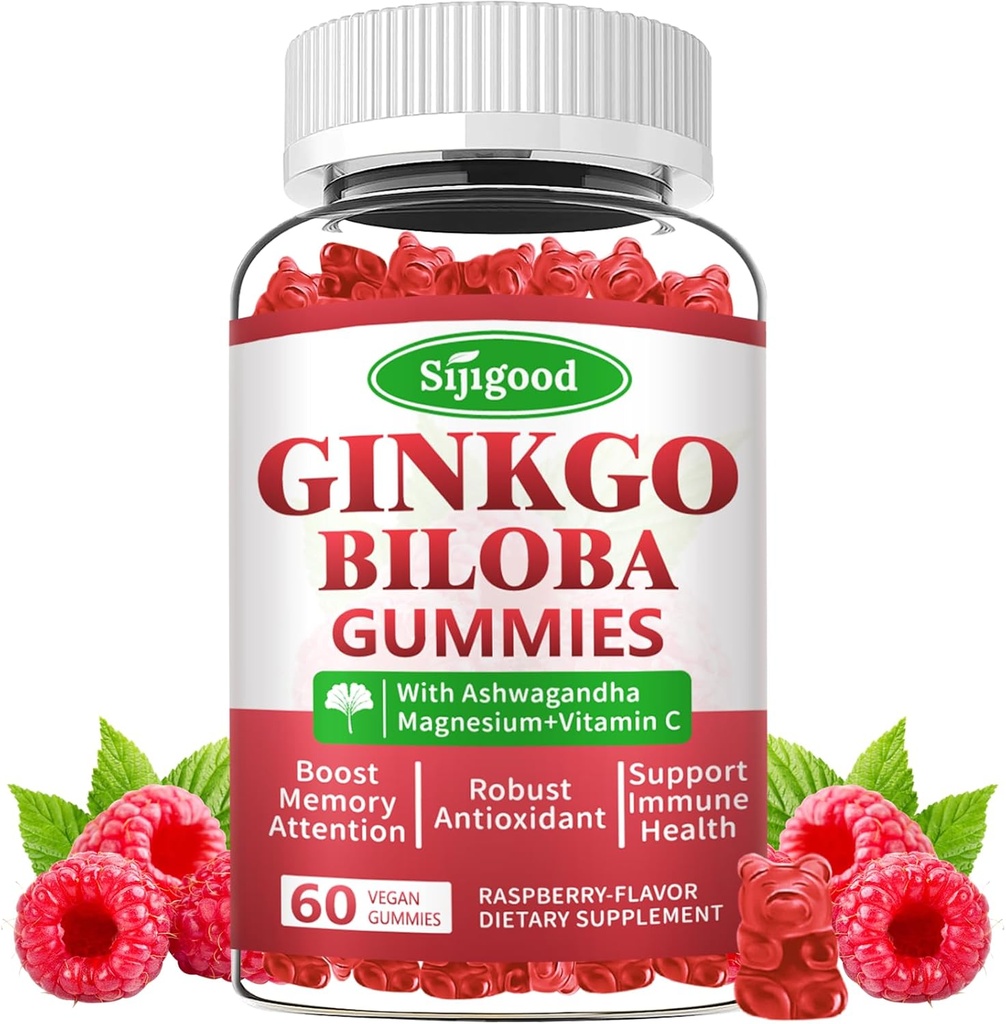 Ginkgo Biloba Gummier med Panax Ginseng og magnesium, Ginkgo Biloba Kosttilskudd for fokus, minne, og Hjerne Helse for voksne og barn, Vegansk bringebær Flavor Gummies, 60 greve