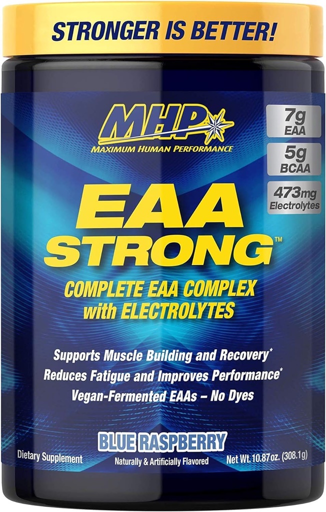 人类最大性能 Mhp Eaa Strong, 氨基酸补充剂,全部9种基本氨基酸, Bcaas, 电解质, Blue Raspberry, 1.2英镑