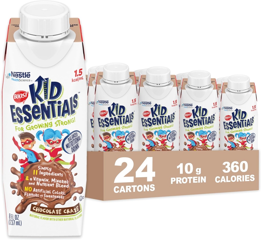 BOOST KID)S (1,5 kcal/mL) Txokolate-kraze nutrizio-edariak, 10g Protein, C bitamina, D, B12 eta Zinka, 8 Fl Oz (24ko paketea)