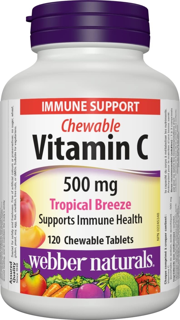 Webber Naturals Vitamin C Chewable 500 mg, 120 Tropical Breeze Flavour Tablets