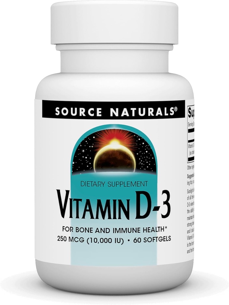 מקור: Naturals ויטמין D-3, תומך ב- Bone & Immune Health*, 250 mcg (10,000 IU) - 60 Softgels