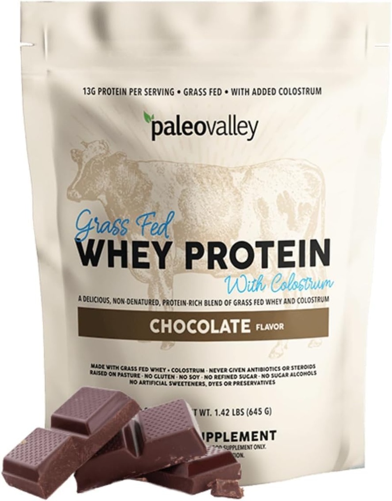 Paleovalley 100% Grassfed Whey Protein Powder with Colostrum, 30 Serving - Chocolate, 13g Protein, Muscle Building, Immune Support, Gut Health