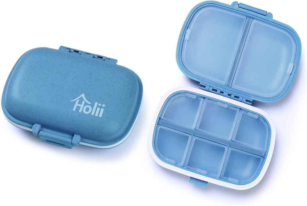 هولي 2PS 8 Compartments Travel Pill Organizer, Pocket Pharmacy for Purse Daily Pill Box Portable Medicine Organizer Vitamin Holder Container (Blue)