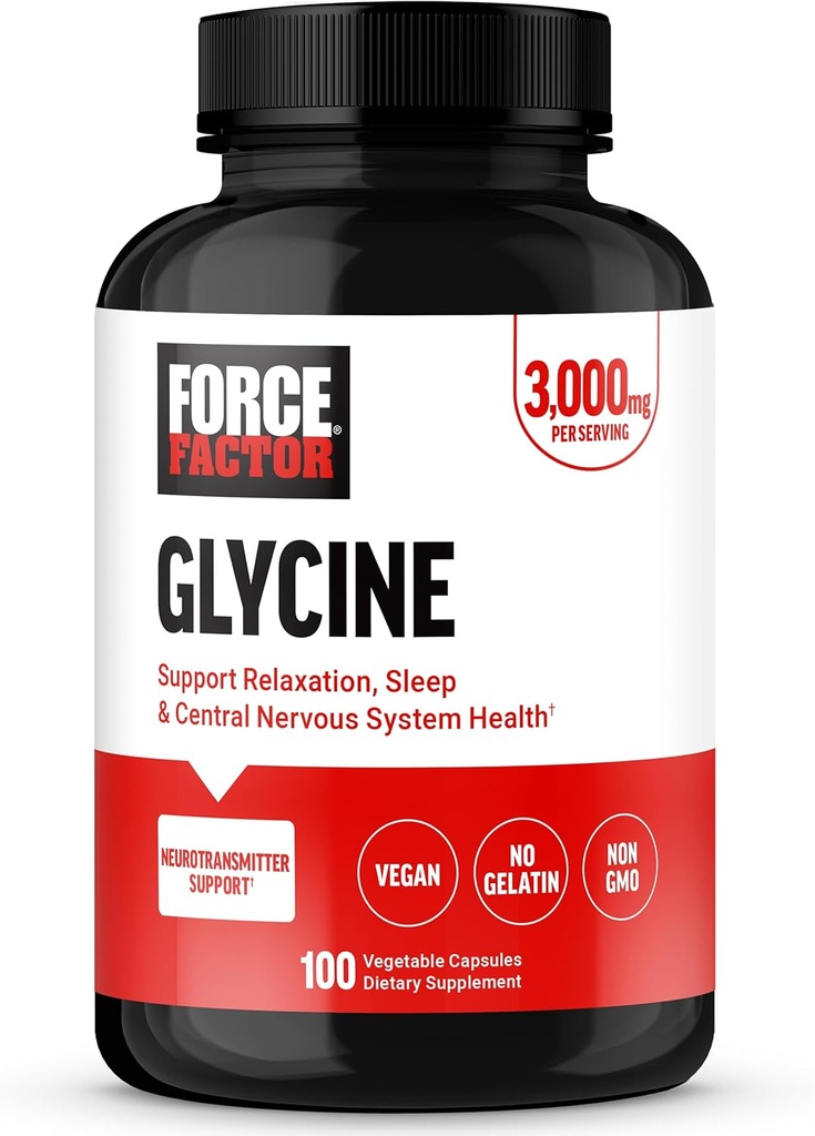 FORCE FACTOR Glycine para promover a relaxación e o descanso descanso, apoiar a función cognitiva, o equilibrio do humor e a saúde nerviosa, 100 cápsulas vexetais.