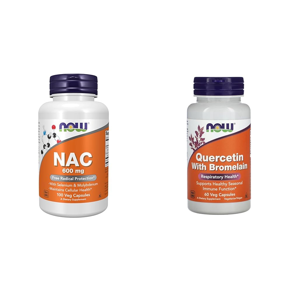 Now Supplements, NAC (N-Acetyl Cysteine) 600 mg with Selenium & Molybdenum, 100 Veg Capsules & Now Quercetin with Bromelain - 60 Veg Capsules