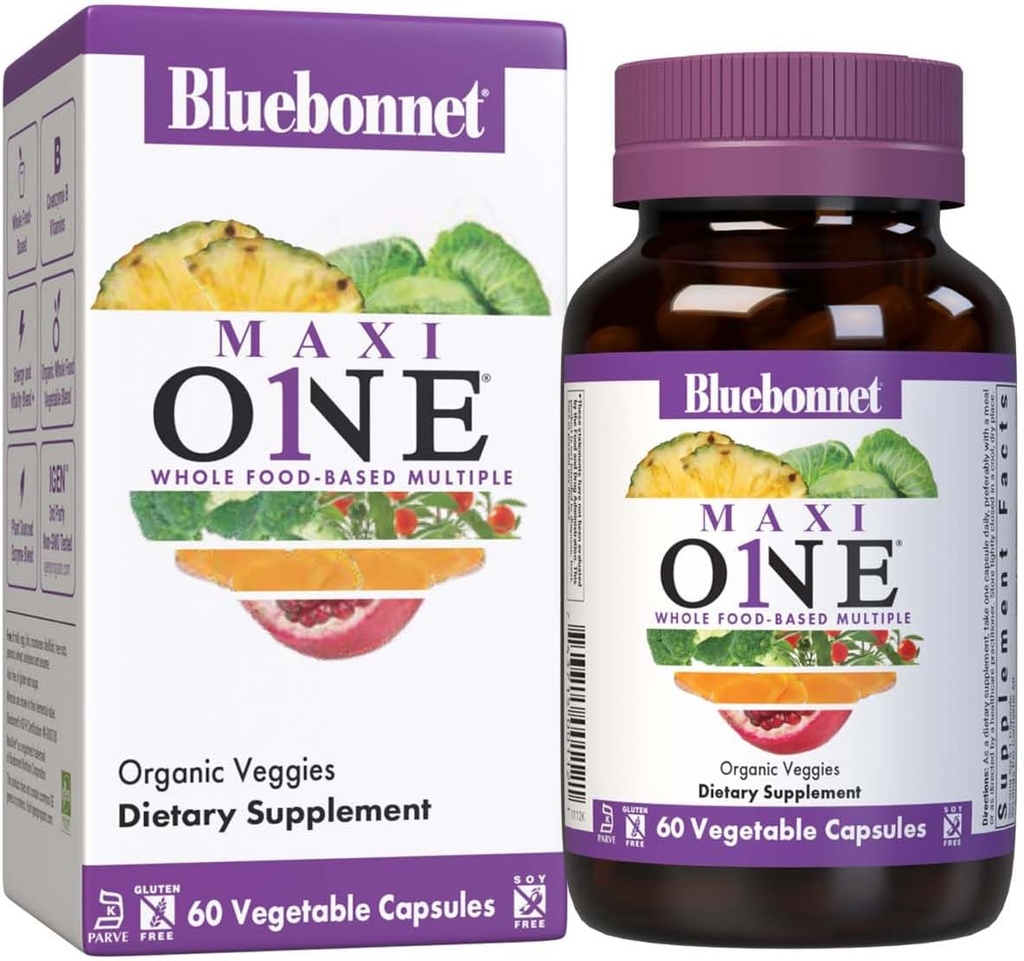 Bluebonnet Nutrition Maxi One (cu fier), Whole Food Multiple, Enzime, Energie, Vitality, Gluten & Dairy & Soy Free, Kosher, Vegetarian Friendly, Non-GMO, 2 Luna de aprovizionare, Bej, 60 Conte