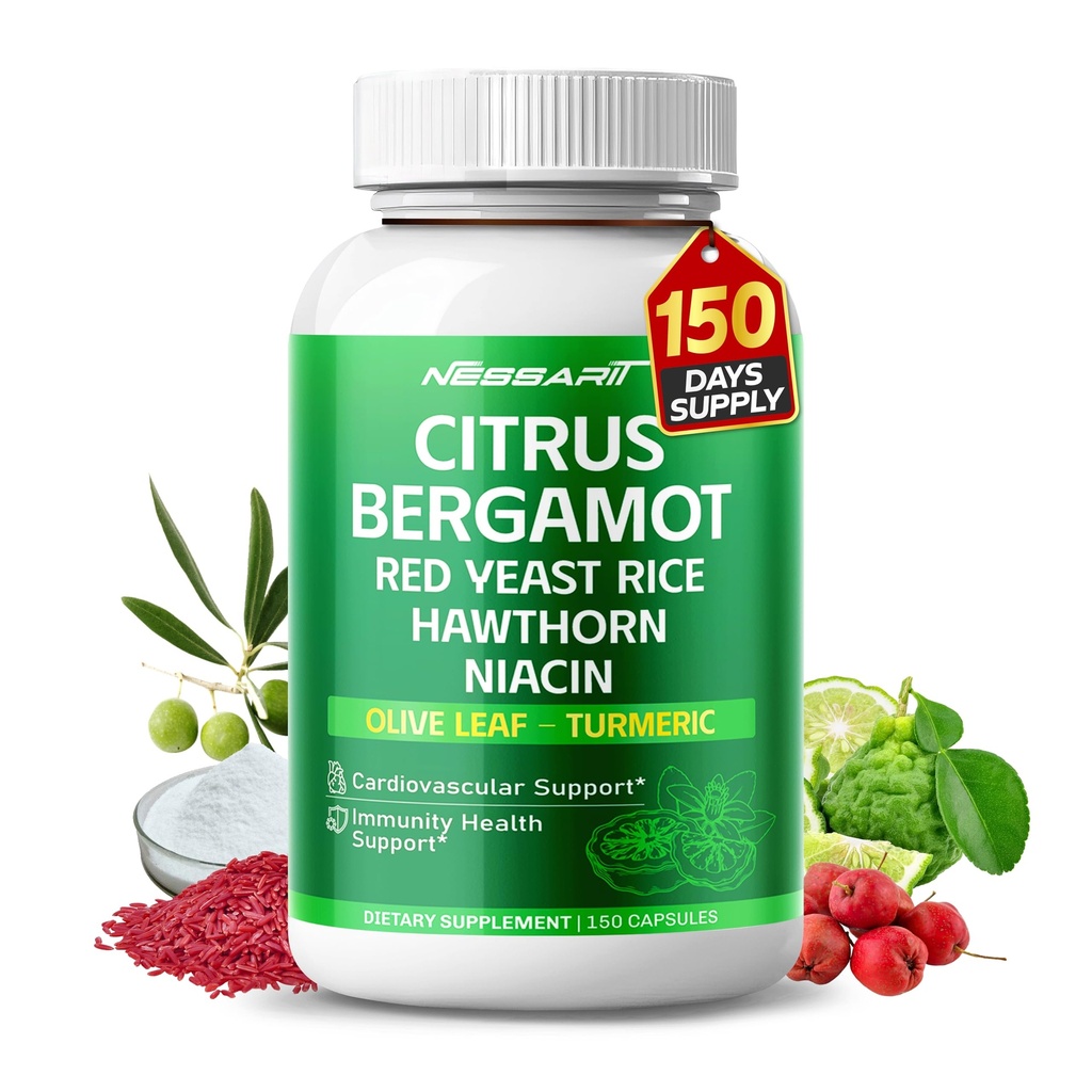 Citrus Bergamot Supplement - 15-in-1 Natural Blend with Red Yeast Rice Hawthorn Olive Leaf Odorless Garlic Turmeric Ginger Fenugreek - 150 Count