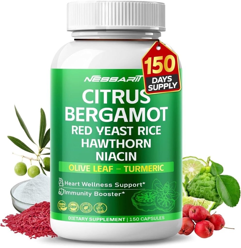Citrus Bergamot supplement - 15-in-1 Natural Blend with Red Yeast Rice Hawthorn Olive Leaf Odorless Garlic Turmeric Ginger Fenugreek - 150 count - Made &quot; Tested in the USA