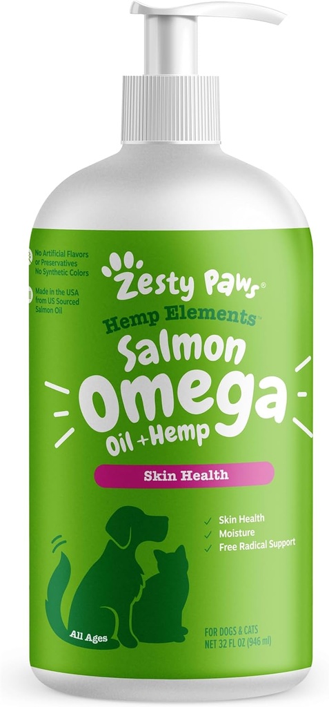 Zesty Paws Zalm Omega Olie Hennep voor honden en katten met Wild Alaska Zalmolie Omega 3 en 6 vetzuren met EPA DHA voor Huisdieren Ondersteunt normale huid vocht en immuunsysteem functie 32oz