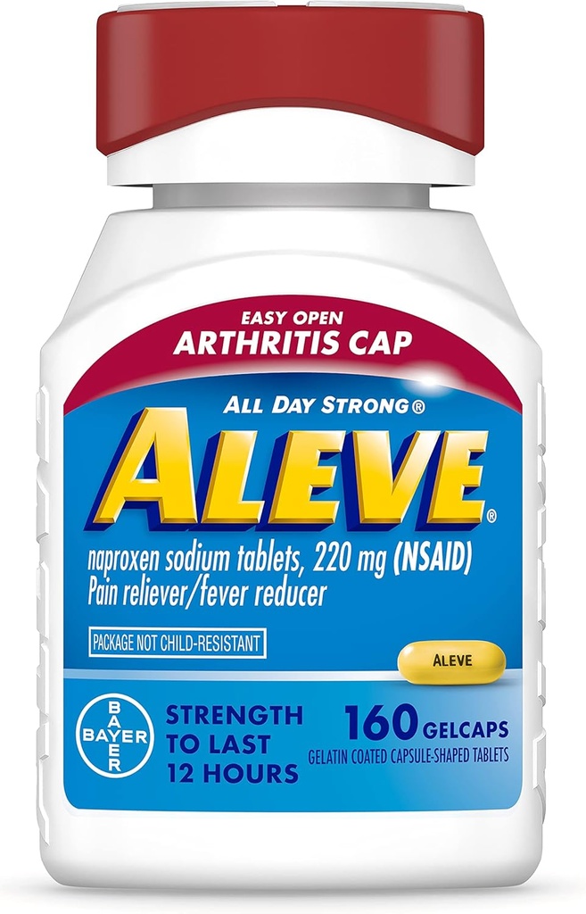 Aleve Gelcaps con Easy Open Arthritis Cap, Naproxen Sodium, Medicación para el dolor de la artritis, 160 Conde