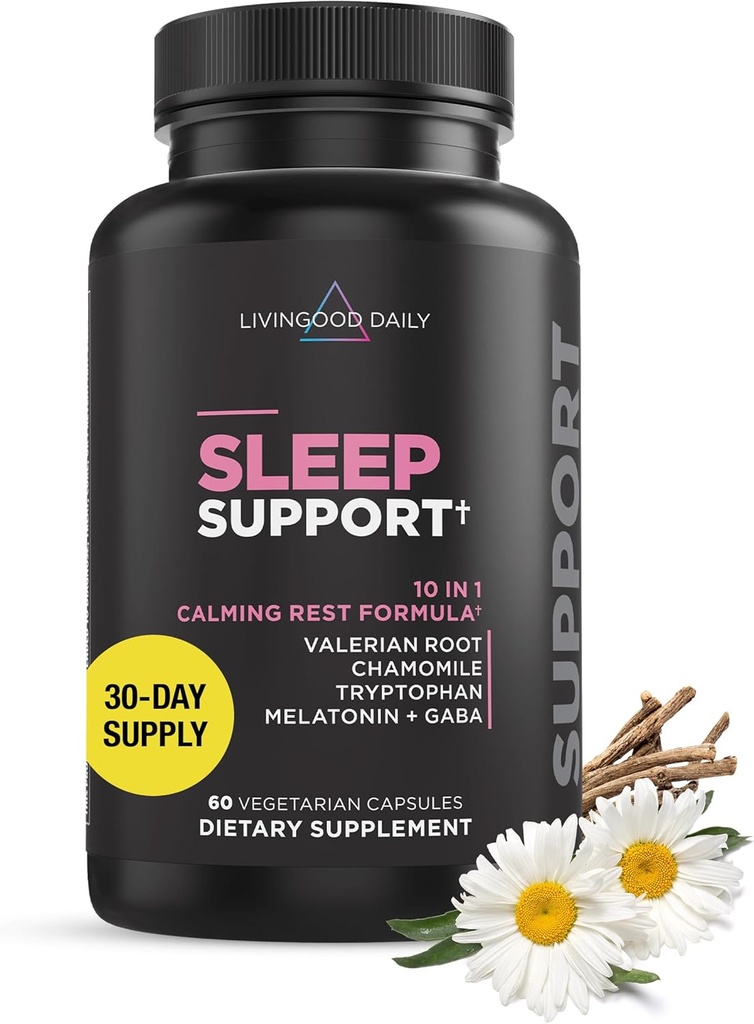 Livingood Daily sleep Support supplement, 10-in-1 Natural sleep Aid with 5 MG Melatonin, Valerian Root, Chamomile, Tryptophan " GABA for Men " Women, Non Habit Forming, Gluten Free, Vegan, 60 Capsules