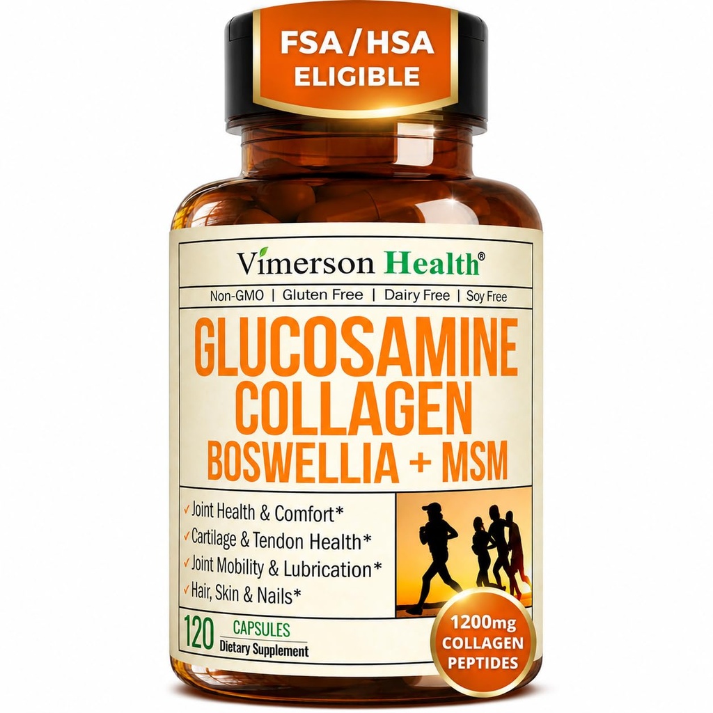 Glucosamine Chondroitin MSM with Hydrolyzed Collagen Peptides - Joint Support Supplement with Quercetin, Bromelain & Boswellia Extract - Collagen pills for Hair Skin Nails - FSA Eligible 120 Caps